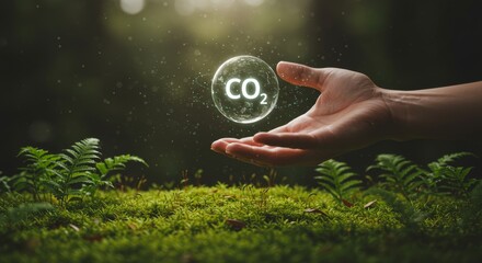Hyper-Realistic Close-Up of Hand Holding Floating CO₂ Icon over Moss for Eco Technology Stock Photo