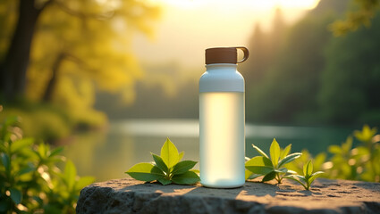 Reusable Water Bottle on Warm Rock with Natural Landscape Background &ndash; Eco-Friendly Concept
