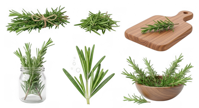 Fresh Rosemary Sprigs and Culinary Preparation Elements for Cooking and Garnishing, isolated on a transparent background