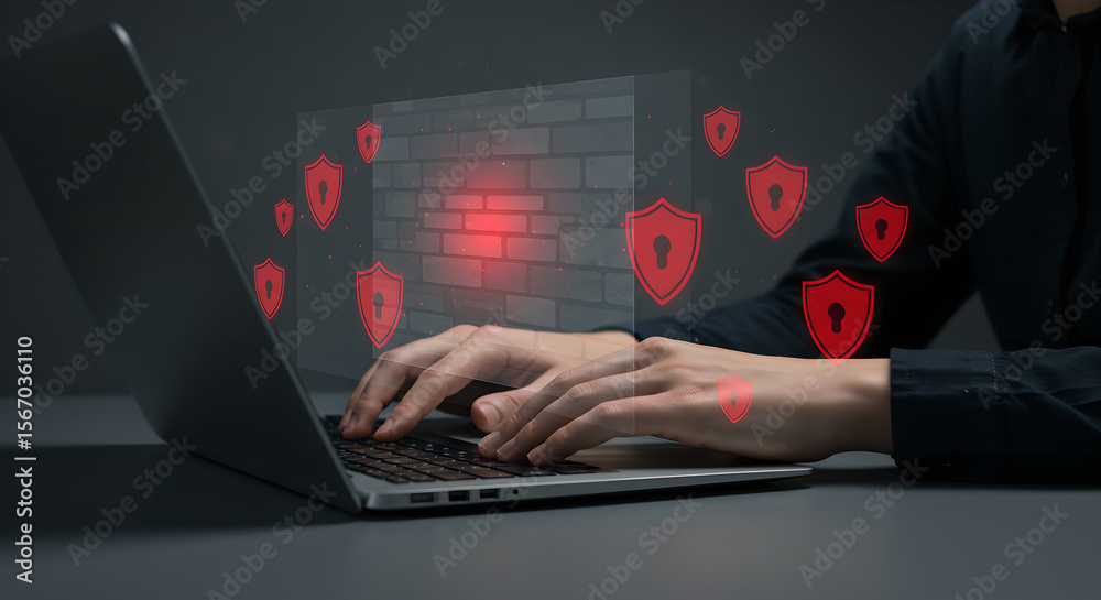 Aufkleber man using laptop with digital shields and firewalls for cybersecurity. internet data protection conc