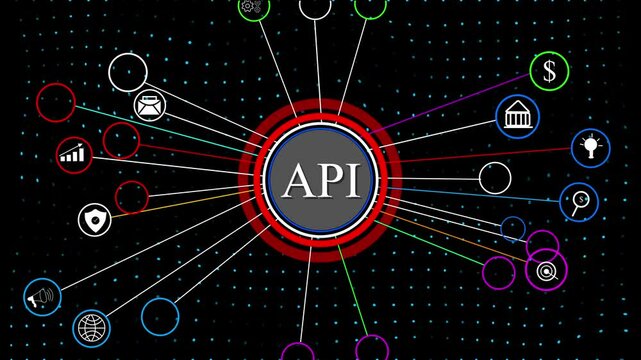 Glowing API - Application Programming Interface. Software development tool. Business, modern technology, internet and networking concept grid and map background.