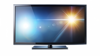 Three modern flat screen televisions with bright lens flare and digital glitch effect isolated on a transparent background
