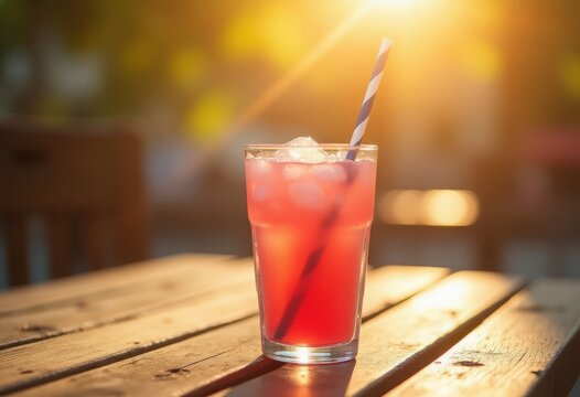 Refreshing pink lemonade with ice and straw on a wooden table in warm sunlight