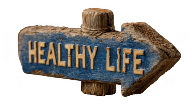 Rustic wooden arrow sign pointing right with the words healthy life isolated on transparent background