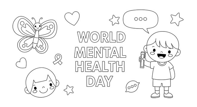 World mental health day celebration with happy children and symbols isolated on transparent background