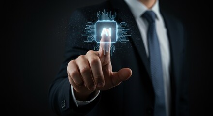 Conceptual Business Finger Pressing AI Hologram Button with Digital Matrix Lines and Prism Flare Stock Photo