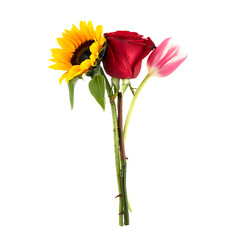Obraz premium A vibrant bouquet of a sunflower red rose and pink tulip isolated on transparent background