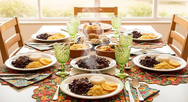 Traditional Brazilian Feijoada Dinner Laid Out for a Family Gathering in a Cozy Home Setting with Warm Natural Light