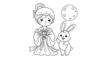 Cute chang e and jade rabbit with moon illustration isolated on transparent background