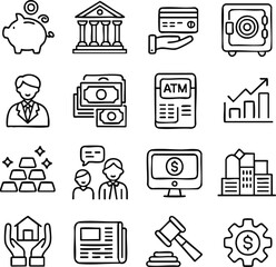 Financial Icons Banking, Investment, and Finance Line Art Illustrations