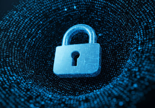 3D padlock icon wrapped in digital binary code texture, rendered in light blue glossy plastic &mdash; symbolizing encryption, cybersecurity, and secure digital environments.

