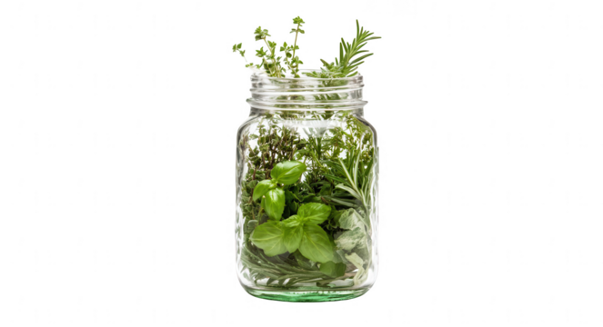 Glass jar with herbs: basil, thyme, and rosemary, isolated on a white background, png, transparent