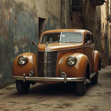 Fototapeta vintage car, classic vehicle, retro car, antique auto, nostalgic, alleyway, rustic wall, old town, historic, vintage style, travel, urban scene, heritage, automobile, 1940s, collector car
