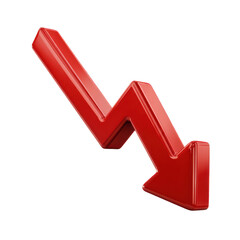 Shiny red 3d arrow showing downward trend isolated on transparent background