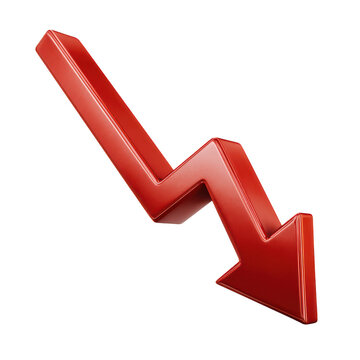 Shiny red 3d arrow indicating downward trend isolated on transparent background