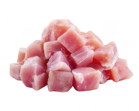 A pile of raw chicken meat cubes isolated on a white background, png, transparent