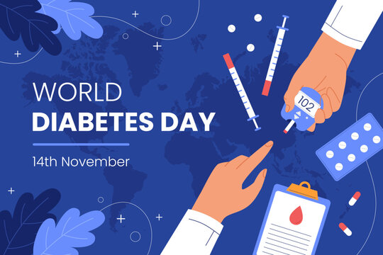 flat world diabetes day background with glucometer illustration. Clean illustration blood glucose meter, health icons. Perfect for awareness banners, social media, and medical campaigns.