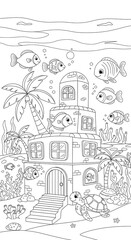 Cute cartoon underwater castle with fish and turtle isolated on transparent background