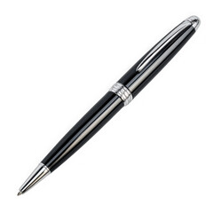 Elegant black ballpoint pen with silver accents isolated on transparent background