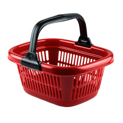 Fototapeta premium Red plastic shopping basket with black handle isolated on transparent background