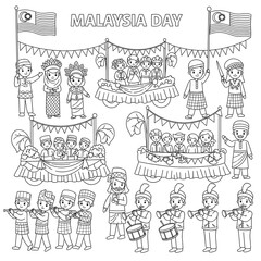 Fototapeta premium Malaysian children in traditional attire celebrating malaysia day with parade floats isolated on transparent background