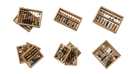 Collection of Wooden Abacuses in Various Arrangements for Educational and Decorative Use, isolated on a transparent background