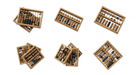 Collection of Wooden Abacuses in Various Arrangements for Educational and Decorative Use, isolated on a transparent background
