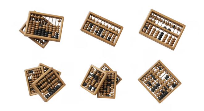 Collection of Wooden Abacuses in Various Arrangements for Educational and Decorative Use, isolated on a transparent background