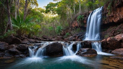 Fototapeta premium A serene waterfall cascading over rocks in a lush, green environment, creating a peaceful atmosphere.