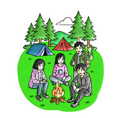 Friends Camping Bonfire Nature.