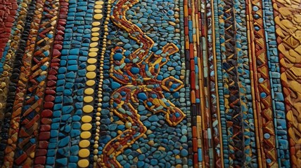 A vibrant close-up of intricate mosaic art featuring colorful stones and tiles arranged in a striking pattern.