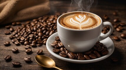 Obraz premium A cozy cup of latte art coffee surrounded by coffee beans and a golden spoon, creating a warm and inviting atmosphere.