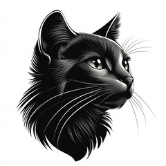 Logo brand of a black cat's head, featuring detailed fur textures and expressive eyes. The cat has long whiskers and a somewhat serious expression isolated on a white background.