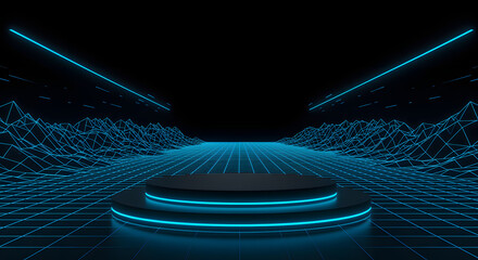 Futuristic Black and Blue Podium with Neon Data Waves in Digital Cyber Landscape Background