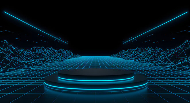 Futuristic Black and Blue Podium with Neon Data Waves in Digital Cyber Landscape Background