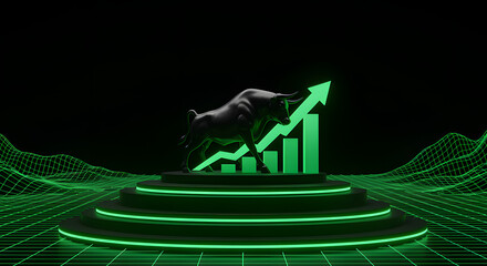 Futuristic Black Bull on Podium with Upward Green Arrow and Neon Data Grid Background
