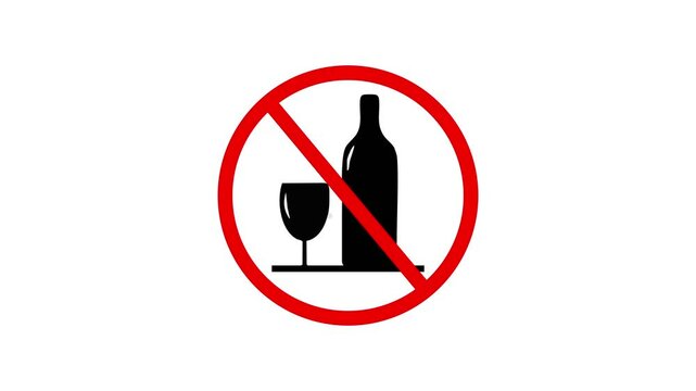 Animated prohibition symbol for no alcohol consumption on a white background.