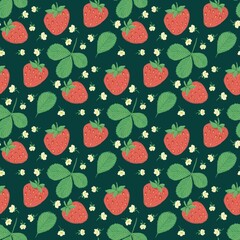 Seamless pattern with hand-drawn strawberries, green leaves and small white flowers on a dark green background. Perfect for summer textiles, packaging, wrapping, digital prints, and surface decoration