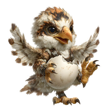 Roc?s egg-cracking chick with tiny wings and sharp claws, mythical origin symbolism, isolated presentation, transparent background, captured with soft shadows and dark fabric background