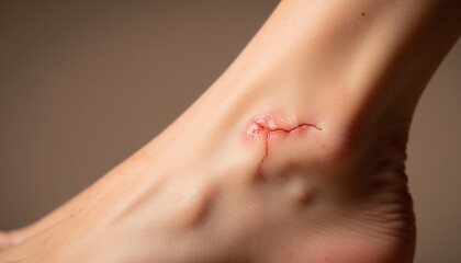 Obraz premium Injured ankle with visible wound and sutures on skin 