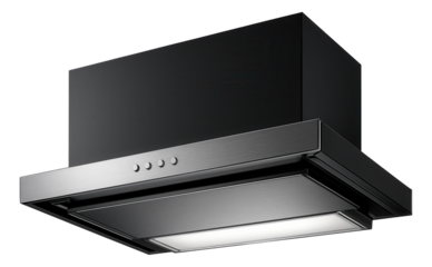 Slimline telescopic extractor in matte black, perfect for minimalist kitchen designs in modern apartments.