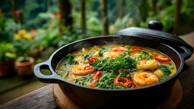 Traditional moqueca with shrimp and fish simmering in coconut broth, blurred outdoor tropical garden right