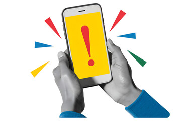Black and white hands holding a phone with a red exclamation mark. Modern photo collage style. Illustration on transparent background