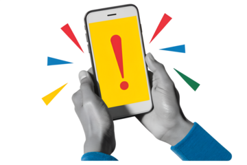 Black and white hands holding a phone with a red exclamation mark. Modern photo collage style. Illustration on transparent background