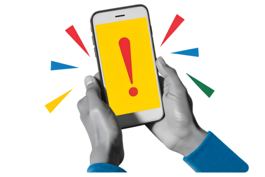 Black and white hands holding a phone with a red exclamation mark. Modern photo collage style. Illustration on transparent background