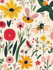 Playful flat garden illustration with colorful flowers, ladybugs, bees and butterflies for nursery wall art, packaging, greeting cards and printable crafts