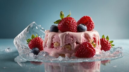 Delicious pink dessert topped with fresh raspberries and blueberries on a glass plate, exuding a refreshing, indulgent vibe.