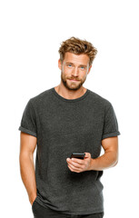 Man engaging with smartphone lifestyle portrait neutral isolated on transparent background