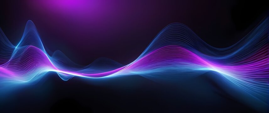 Abstract blue and purple digital data streams flowing over black background with neon glow