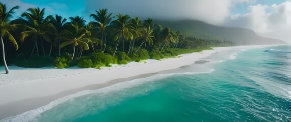 Bright blue tropical ocean waves breaking on white sand beach with lush green palms overhead